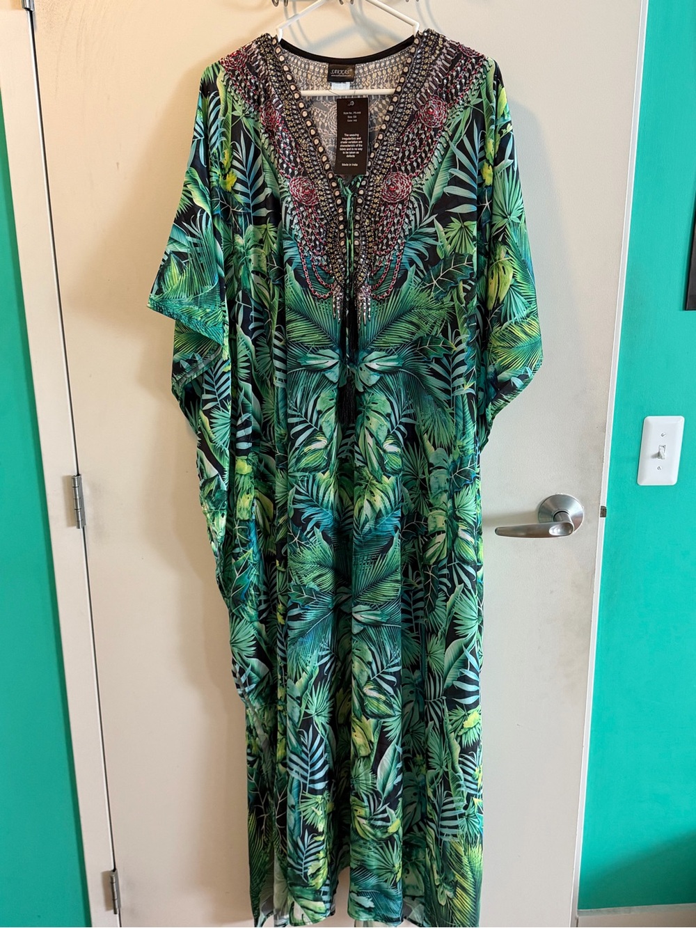 NWT Sakkas Green Tropical Leaf Pattern Coverup with Embellished Neckline